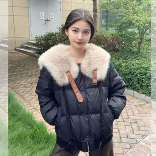 2023冬季新款环保大毛领羽绒棉服女长短款黑色棉服外套毛领可拆卸