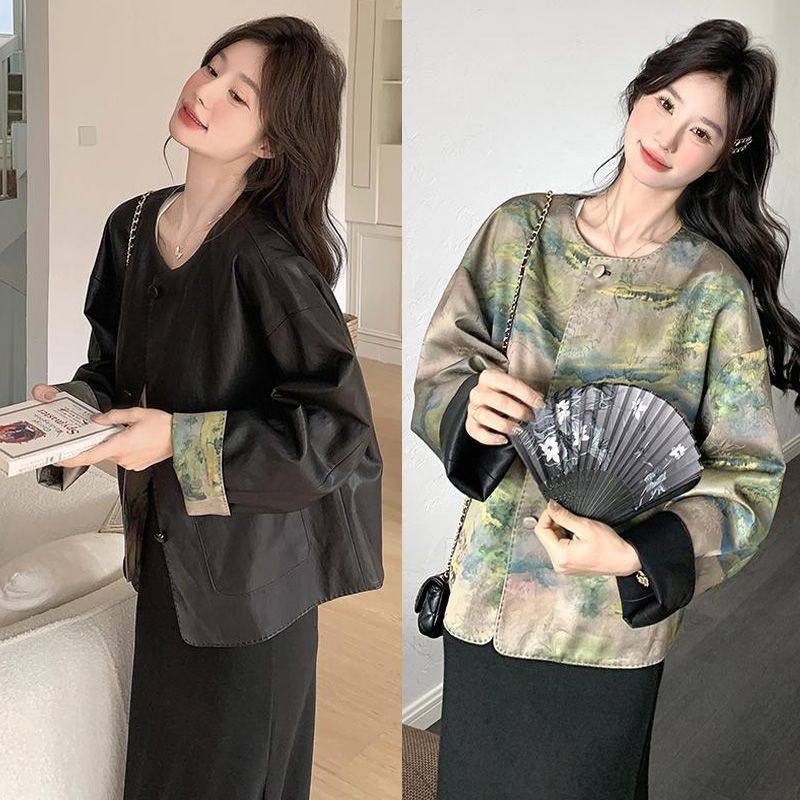 新中式国风高级感皮衣2025春季新款时尚皮夹克两面穿小个子外套女,女装/女士精品,皮衣,淘宝优惠券,粉丝福利购,淘宝优惠卷