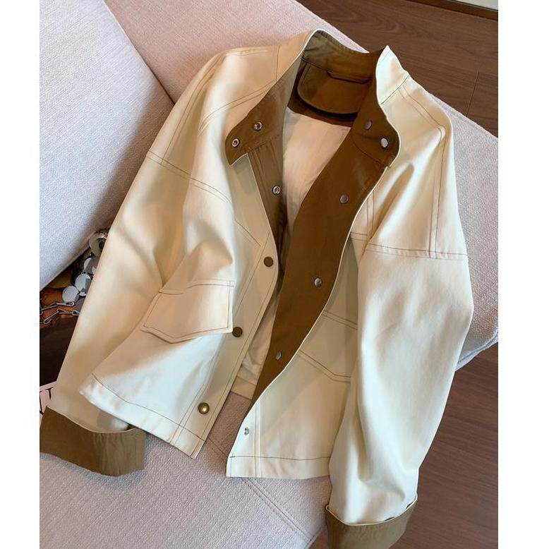 韩系拼色明线立领夹克外套女2025秋新款时尚气质百搭宽松休闲上衣,女装/女士精品,短外套,淘宝优惠券,粉丝福利购,淘宝优惠卷