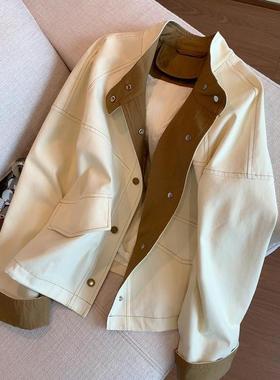 韩系拼色明线立领夹克外套女2025秋新款时尚气质百搭宽松休闲上衣