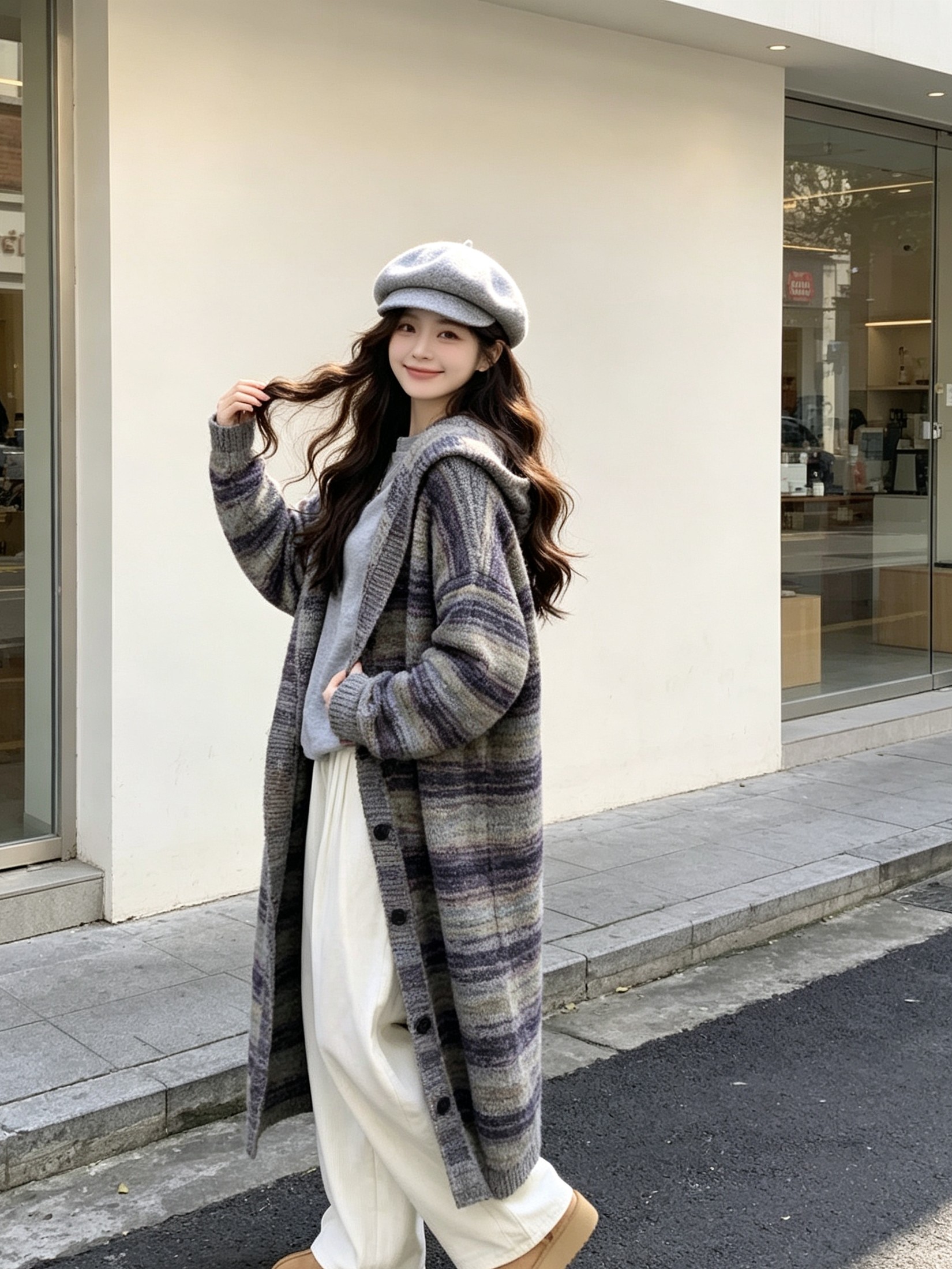 2026长袖毛呢外套女秋季宽松慵懒风条纹大衣胖MM复古连帽过膝开衫