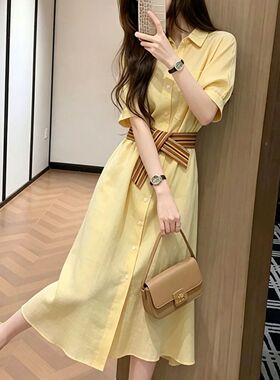 法式巨好看小众短袖黄色亚麻连衣裙子女2026夏季新款今年流行爆款