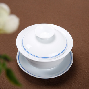 手绘青花瓷功夫茶具茶杯德化白瓷茶碗三才杯双线盖碗