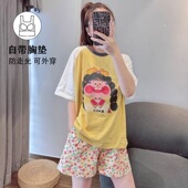 全棉家居服套装 卡通可爱学生外穿薄款 纯棉短袖 带胸垫睡衣女士夏季