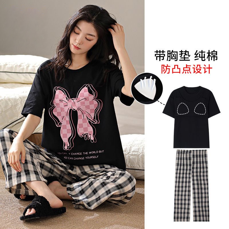 带胸垫一体睡衣女夏天纯棉短袖长裤薄款全棉春夏季家居服大码套装