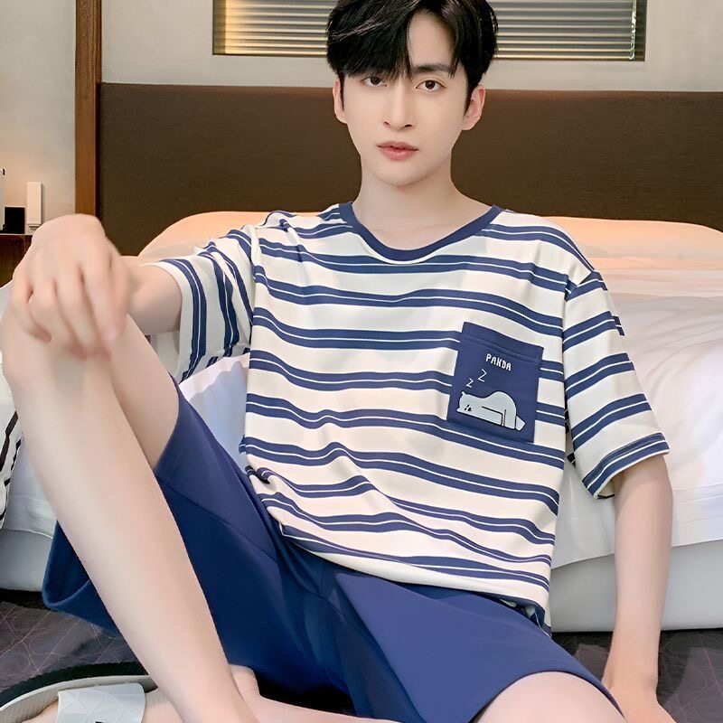 100%纯棉睡衣男士夏季短袖夏天可外穿休闲宽松薄款全棉家居服套装