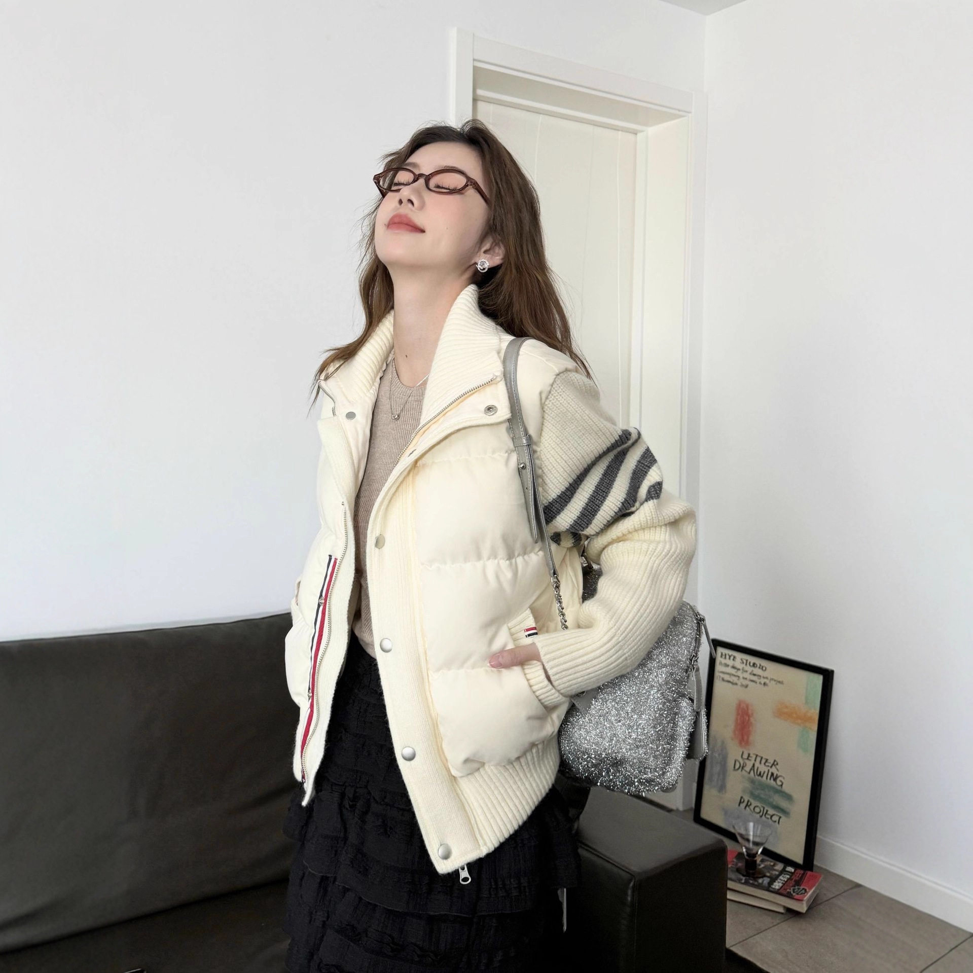 tb羽绒服女冬季加绒外套四条杠立领小个子潮牌拼接白鸭绒羽绒服