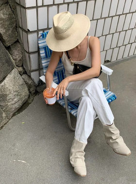 日本VVA韩国小众设计时尚复古手编镂空纸草爵士顶白色草帽逛街防