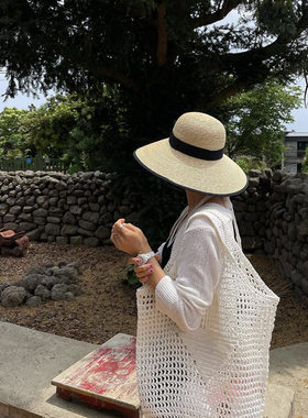 日本VVA大帽檐黑色包边麦秆草草帽女夏圆顶复古法式优雅赫本大沿