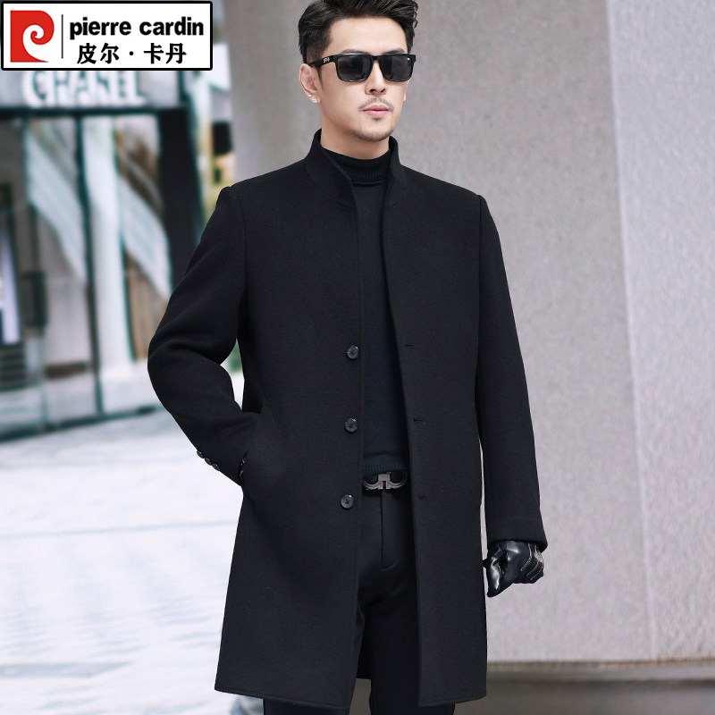 皮尔卡丹新款男士双面羊毛呢大衣中长款外套休闲立领中年呢子大衣