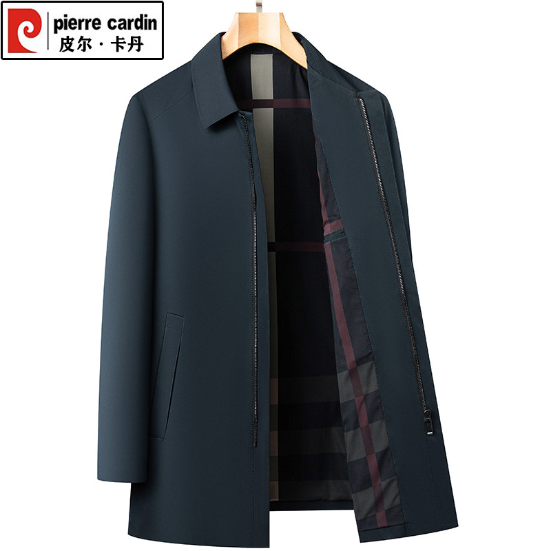 皮尔卡丹新款春秋季男士风衣中长款外套休闲中青年翻领薄款爸爸装