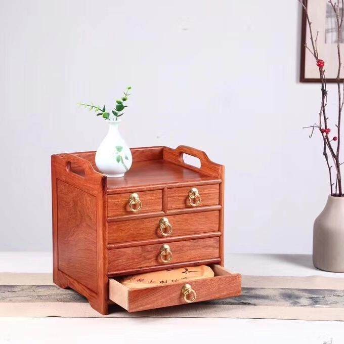 金匠大作缅甸花梨四层五抽外独茶盒古典红木茶柜普洱茶收纳盒手雕