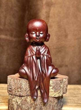金匠大作坐禅小和尚黑檀木雕摆件禅意茶宠卡通小沙弥人物桌面装饰