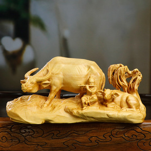 金匠大作人物动物牧牛童子童年乐趣家居装饰品木质生肖牛雕刻摆件