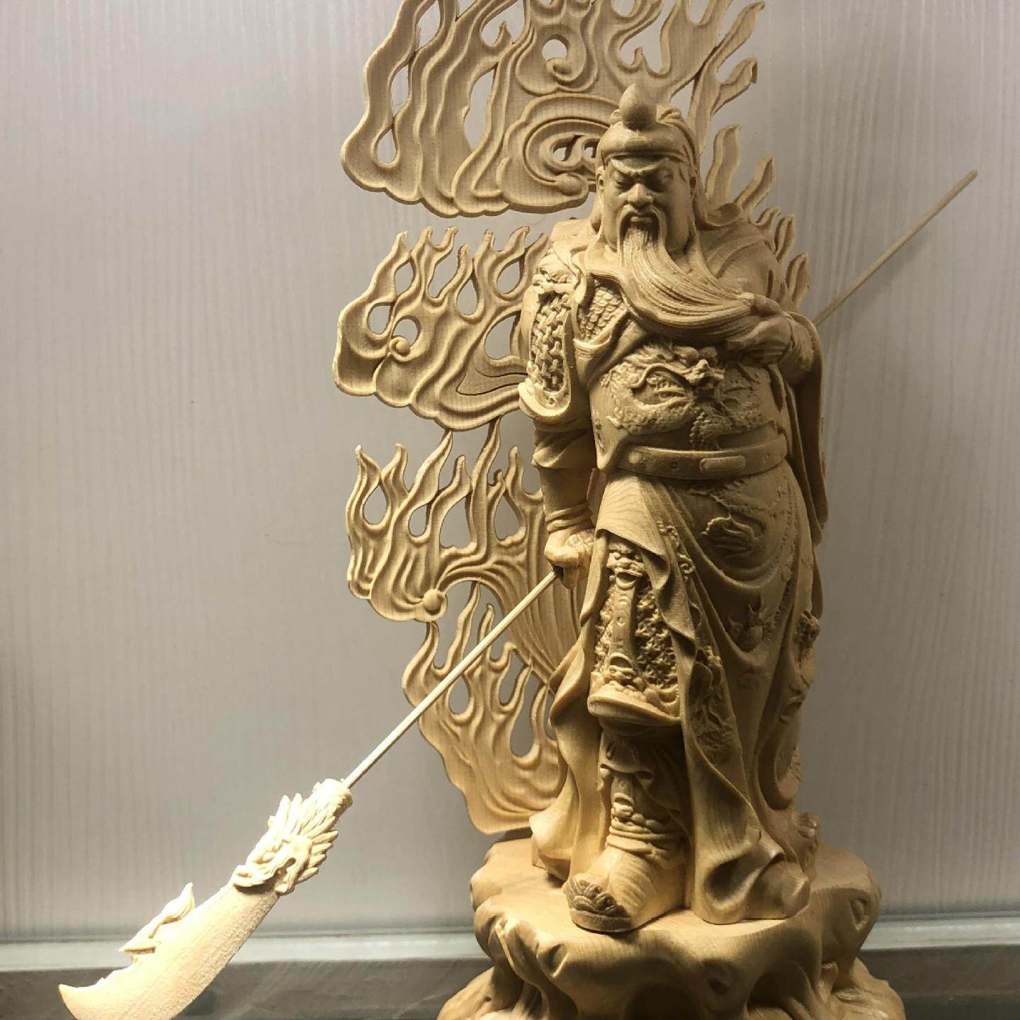 久木艺雕黄杨木桧木雕火焰关公霸气关二爷人物摆件家居客厅玄关装