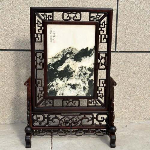 金匠大作老红木插风老挝大红酸枝木雕花台屏嵌天然石画桌屏实木屏