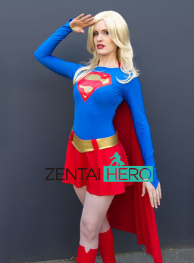 超级英雄 supergirl cosplay服装女 超人连体紧身衣 莱卡带披风