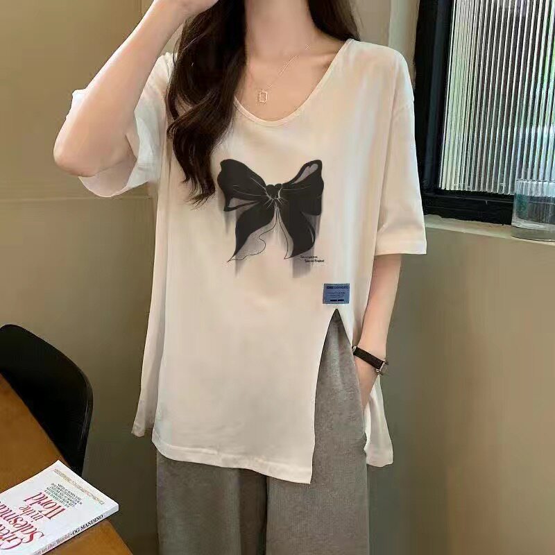 开叉V领白色T恤女短袖2022年夏季新款中长款不规则宽松半袖上衣潮