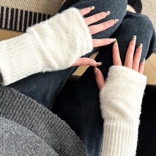 手套女冬韩版露指秋冬季弹力毛绒针织半指学生露指写字防冻手套男