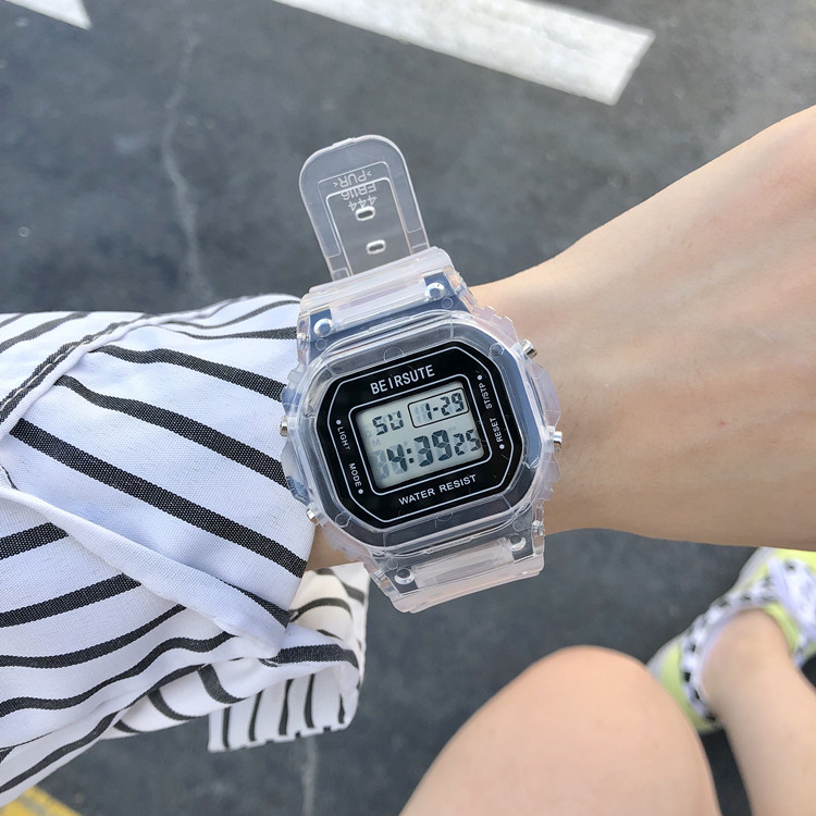 冰川透明小方块电子手表男女初高中学生男简约潮流运动防水ins风