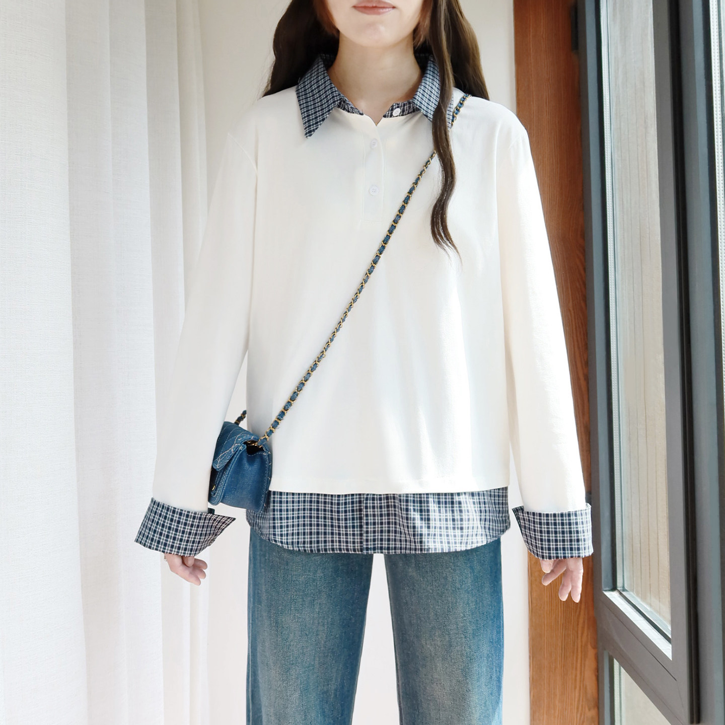 大码翻领T恤女200斤胖mm早秋新款纯棉弹力格子拼接胖妹妹长袖上衣