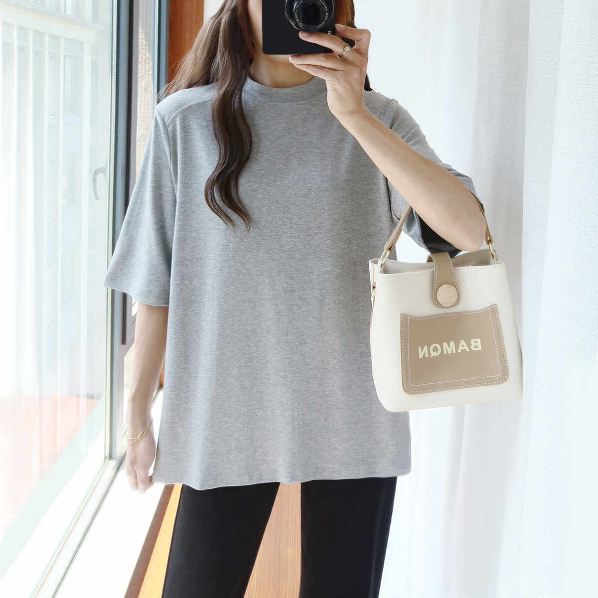 大码中袖T恤女胖mm内搭五分袖春秋纯色立领胖妹妹宽松打底衫上衣