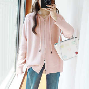 外套 女胖mm秋冬慵懒风显瘦宽松正肩双拉链毛衣开衫 大码 连帽针织衫