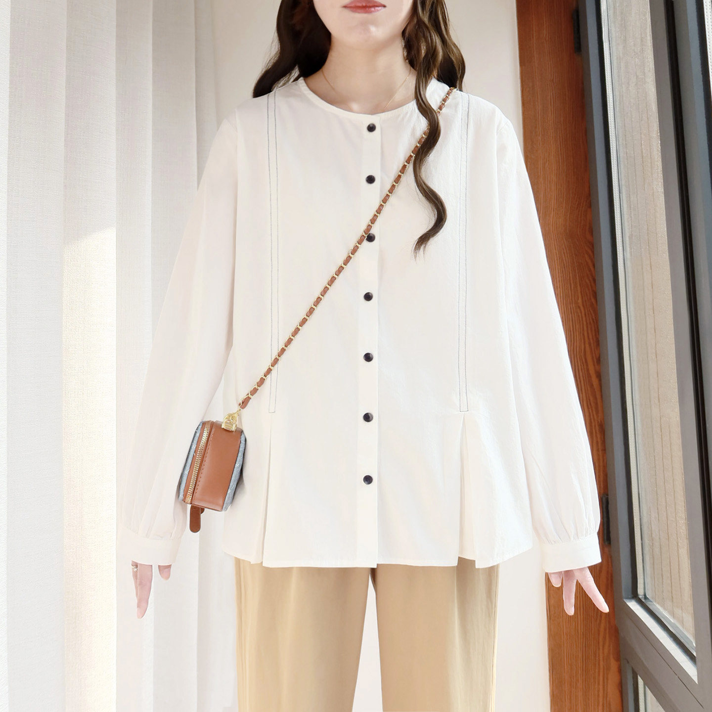 大码圆领衬衫女200斤胖mm遮肚子春装2026新款宽松纯棉胖妹妹衬衣