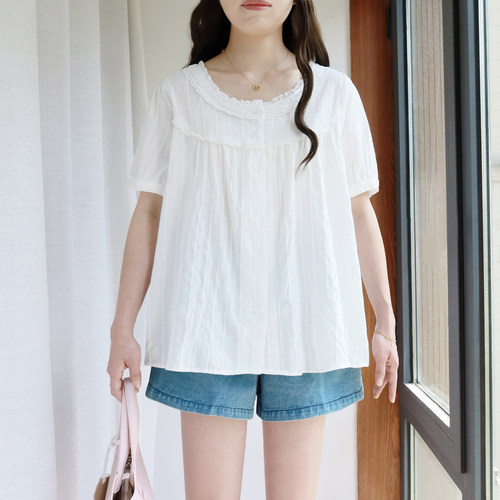 大码短袖白衬衫纯棉花边提花上衣
