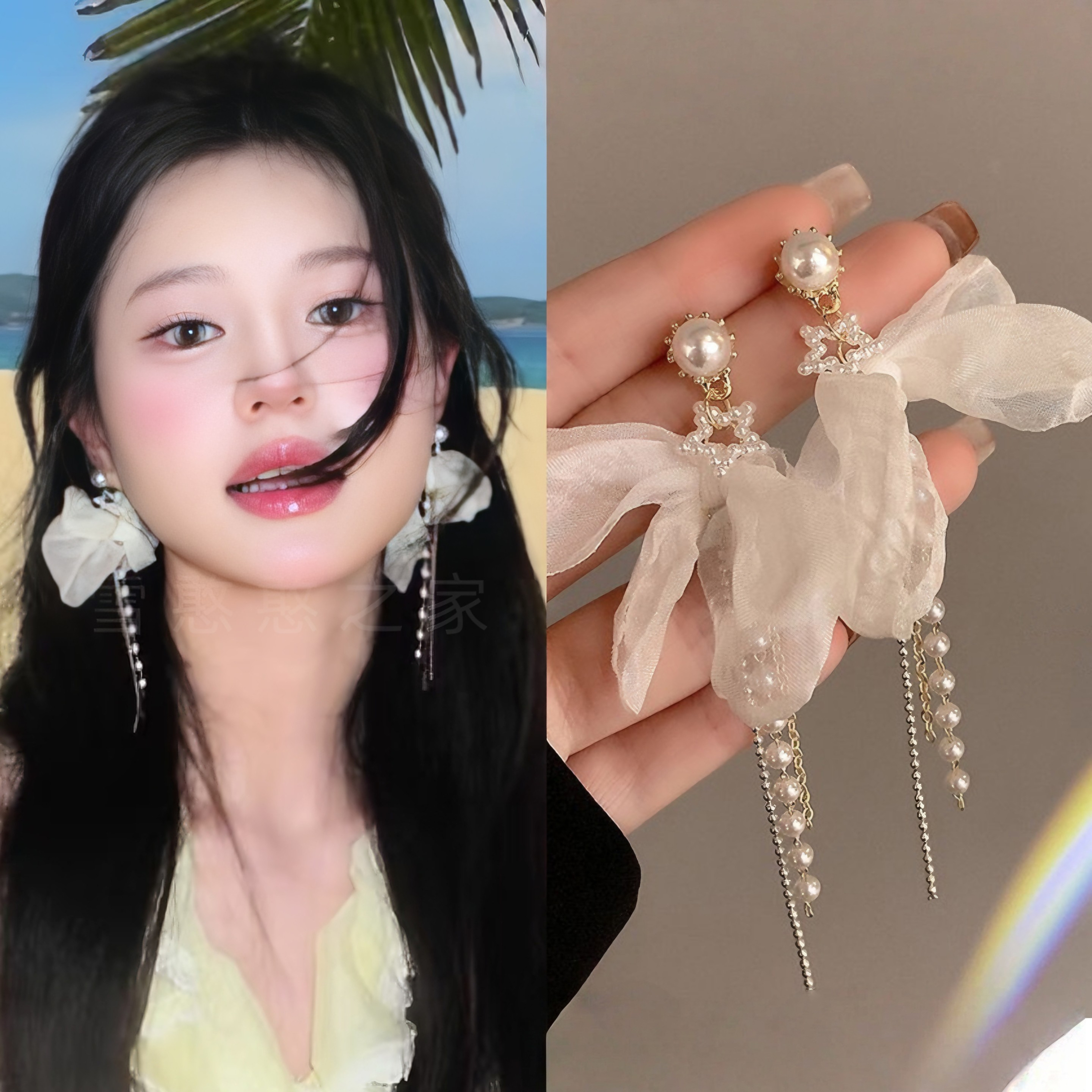 旅游度假白色蝴蝶结珍珠流苏耳环耳饰耳钉耳夹耳坠饰品2025春夏新