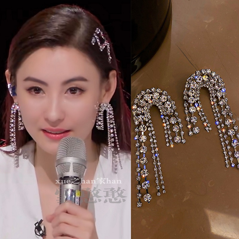 张柏芝同款耳环个性夸张流苏满钻耳饰耳钉耳坠S925银针2024新款女
