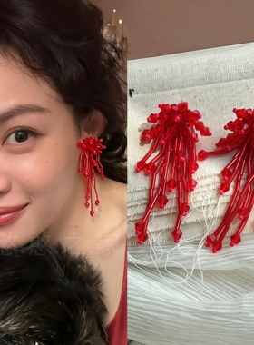 旅游度假红色串珠耳环耳饰耳钉耳夹耳坠2026秋冬新款女过年饰品潮