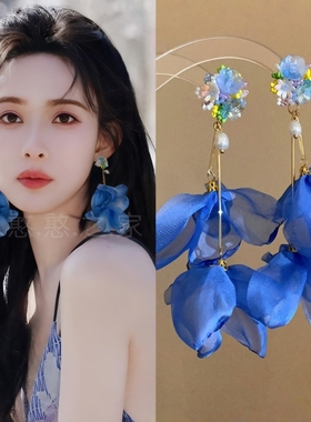 孟子义同款蓝色艺花朵耳环耳饰耳钉耳坠耳夹2025春夏新款旅游度假