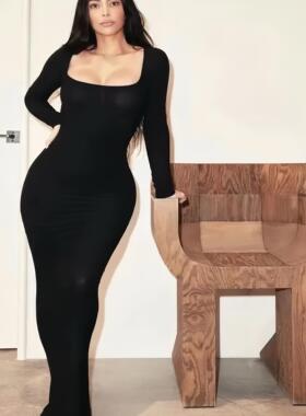 现｜skims卡戴珊同款纯色圆领长袖连衣裙辣妹修身包臀显瘦长裙女