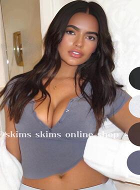 现｜skim卡戴珊同款纯棉打底亨利领纽扣v领短袖T恤上衣