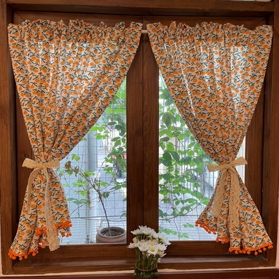 法式桔子半遮光小窗帘流苏美式田园复古风小碎花民宿遮挡隔断门帘