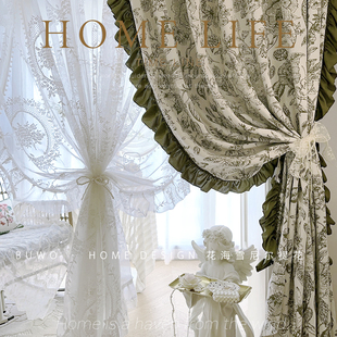 定制橄榄绿花海雪尼尔提花布法式 饰窗帘 复古风客厅阳台卧室飘窗装