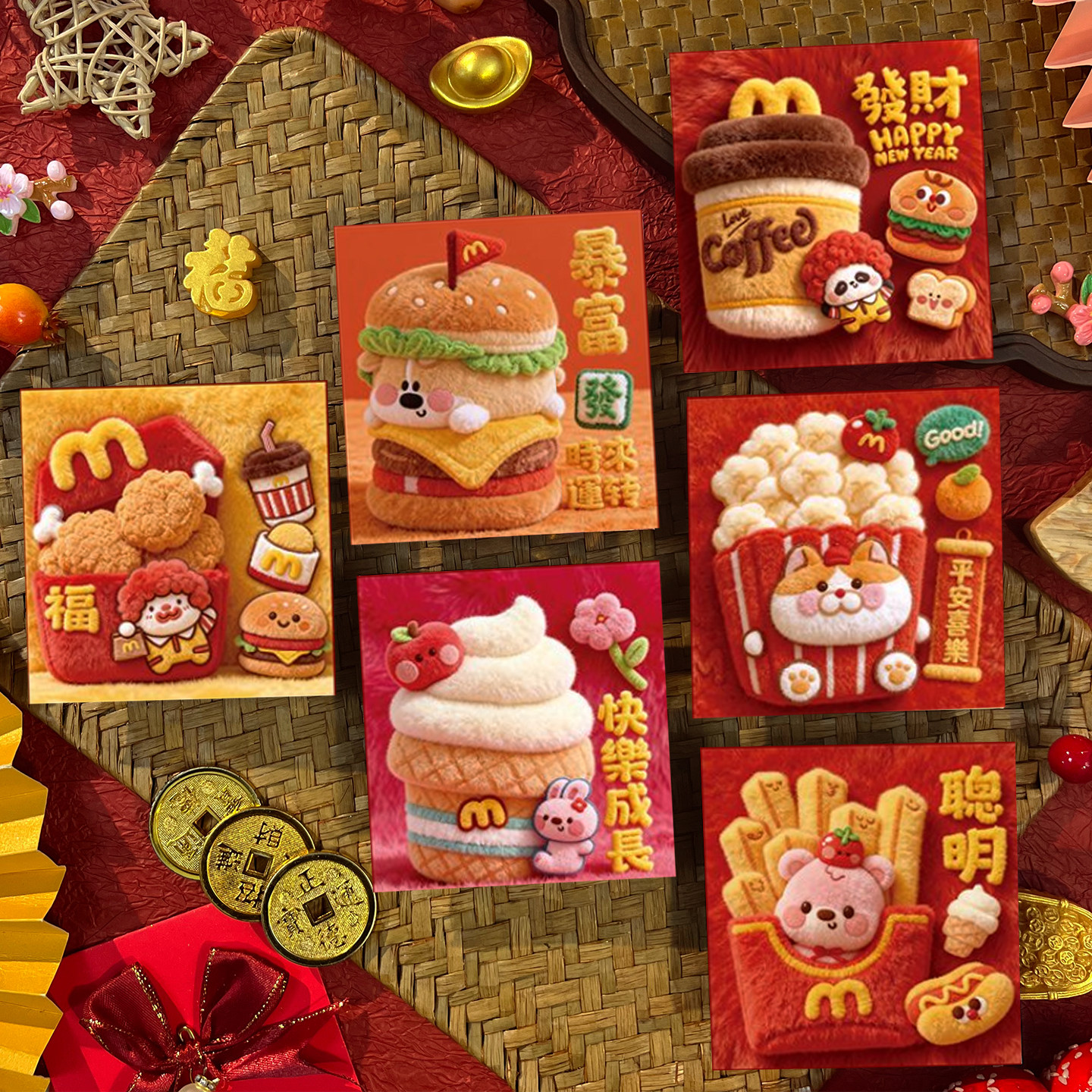薯条汉堡5D仿真刺绣毛绒卡通创意红包袋2026过新年春节小孩压岁包