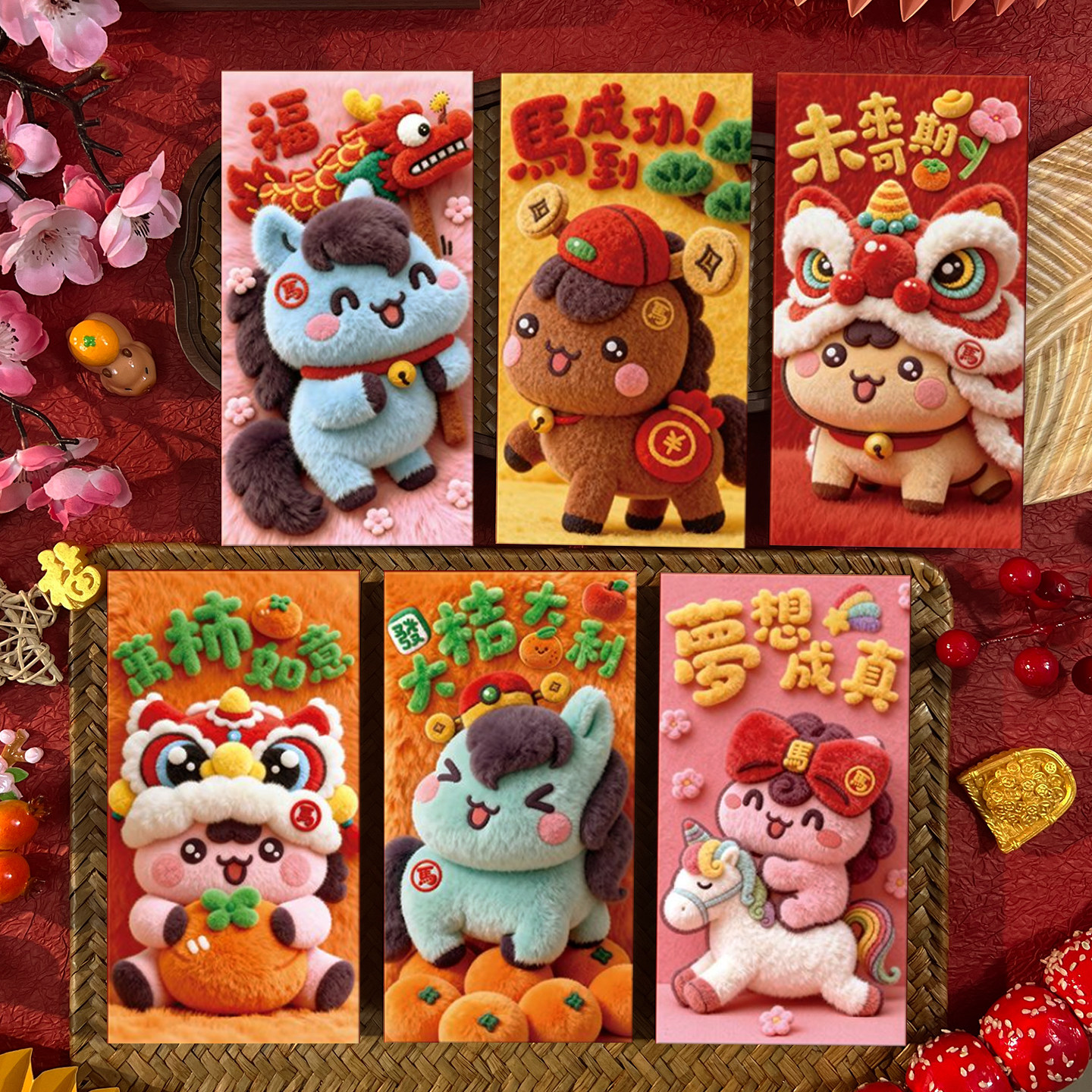 2026马年创意5D视觉效果刺绣毛绒儿童卡通红包袋小孩压岁包利是封