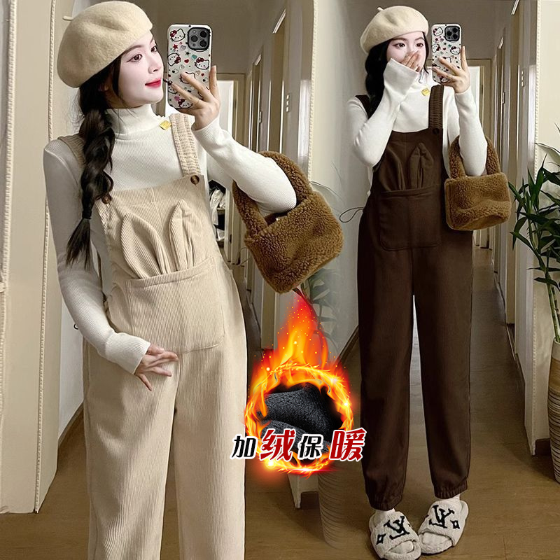 孕妇装秋冬背带裤加绒毛衣两件套