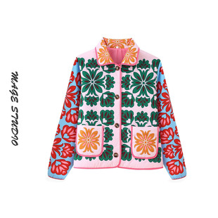 欧美风2025秋冬薄款女士宽松棉衣短外套翻领大口袋定位大绿花棉服