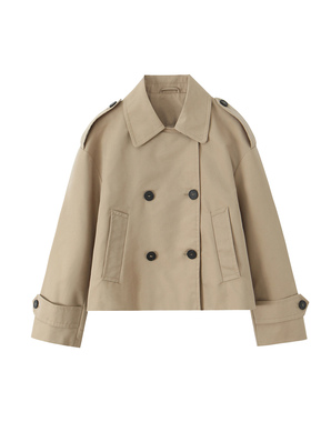 英伦风早春经典双排扣翻领短款风衣女宽松减龄简约外套卡其色上衣