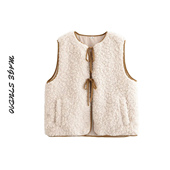 2026早春温柔慵懒风羊羔毛马甲女圆领系带无袖 背心外套叠穿坎肩