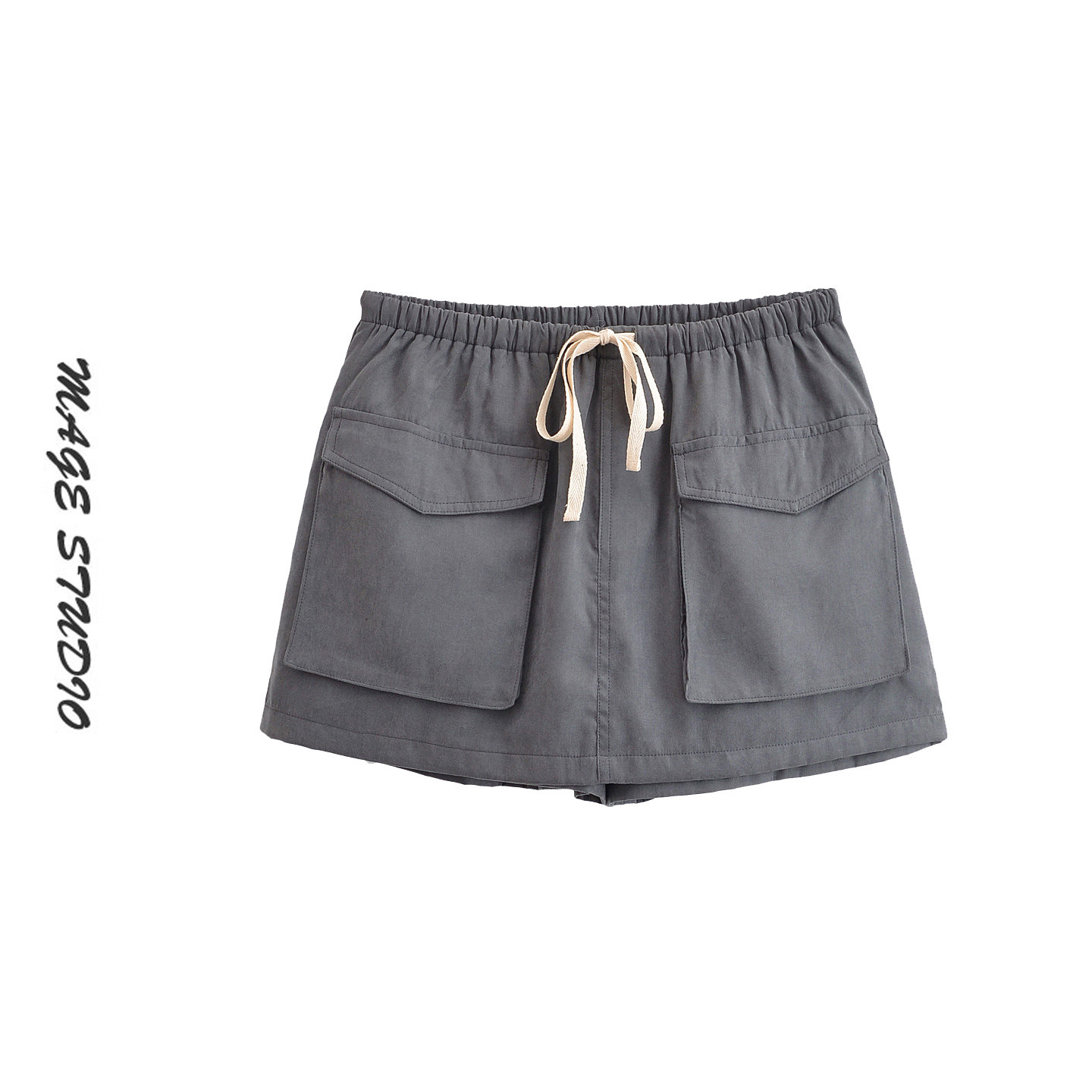 运动工装风户外灰色短裤女松紧腰抽绳多口袋休闲百搭慢跑修身短裤