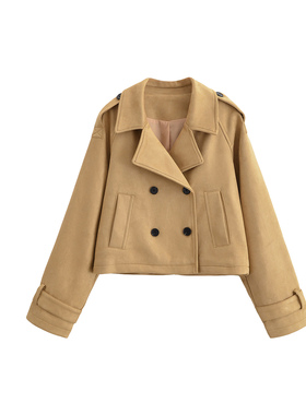 英伦风卡其色短款双排扣毛呢外套美式工装百搭显瘦小个子棒球服