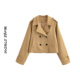工装 英伦风卡其色短款 双排扣毛呢外套美式 百搭显瘦小个子棒球服
