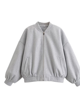 2026早春新款简约运动风灰色立领拉链外套女宽松飞行员夹克短外套