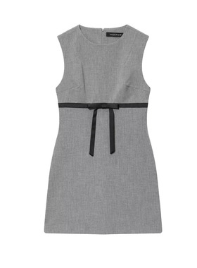 欧美学院风无袖A字连衣裙女灰色蝴蝶结收腰短裙后背拉链修身女裙