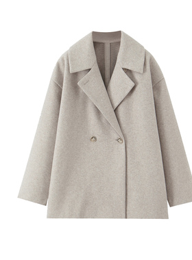 2026早春极简风翻领双排扣毛呢大衣女中长款宽松减龄百搭外套上衣