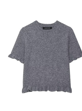 2026早春欧美风圆领套头短袖木耳边针织衫女灰色修身叠层毛衣上衣